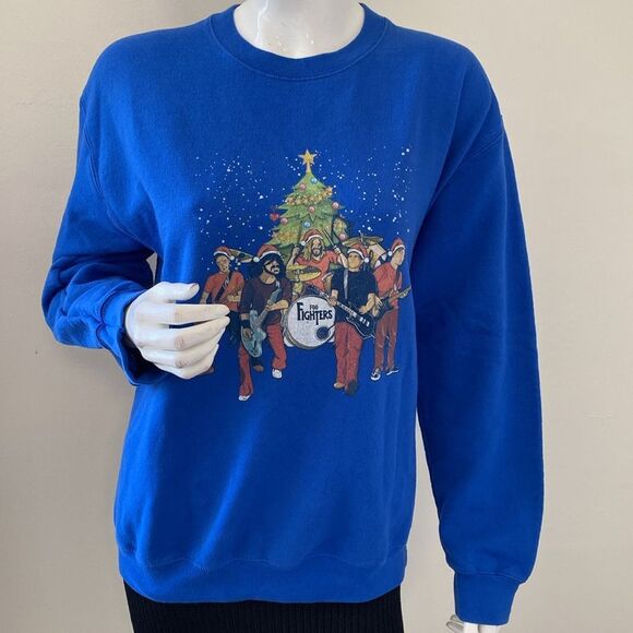 Foo Fighters Band Blue Ugly Christmas Sweatshirt w Band Graphic Print Dave Grohl - Picture 1 of 7